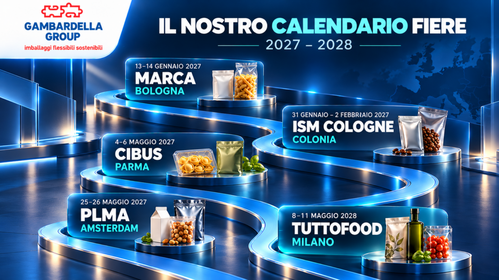Timeline delle fiere di packaging flessibile 2027-2028 per Gambardella Group con Marca, ISM, PLMA, Cibus e TuttoFood